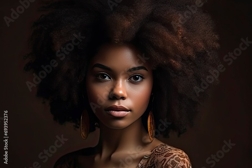 Woman hair care and cosmetics face with natural curly hair against studio background.