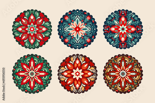 Round Vector Folk Art Ethnic Flower Star Christmas Ornament Set. Intricate Scandinavian Star Folk Card Print