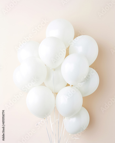 Simple beige background with bunch white balloons. Greeting card for wedding, birthday, party, celebration