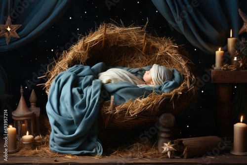 Baby Jesus Christ lies in a lullaby with straw against the backdrop of the starry night sky