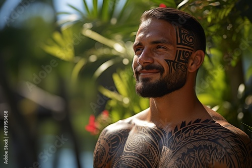 Maori tattoo in Polynesian style on a muscular and athletic man's body. Dark background, Patterns and drawings on the body, painting on the skin. Against a background of greenery
