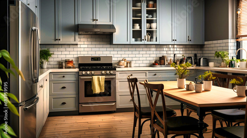 Elegant Kitchen with Gray Cabinets and Subway Tile Backsplash,