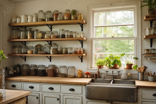 A charming kitchen with open shelving filled with mason jars and rustic pottery, featuring a farmhouse sink and a vintage-inspired gas stove