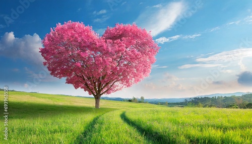 Heart-shaped pink tree in the meadow