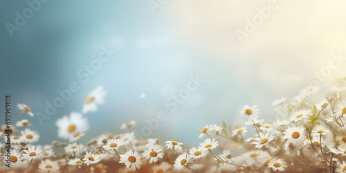Daisy field with a warm, sunlit bokeh background in a wide format. Spring themed backdrop woth copy space for text. Banner for woman's day and mother's day