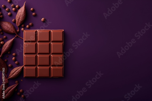 Milk Chocolate Bar with Cocoa Beans on Purple