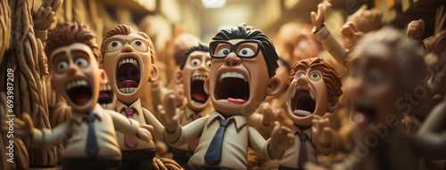 Protest of people, People raising hands and shouting for their needs in a picket, 3d characters open mouth and big eyes 
