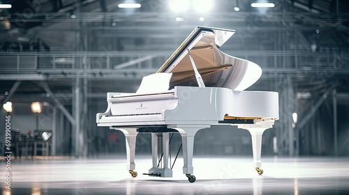 Elegant white grand piano in a large concert hall. Generative AI