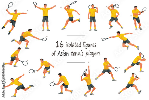 16 figures of Japanese, Korean or Chinese tennis players in white T-shirts serving, receiving, hitting the ball, standing, jumping and running