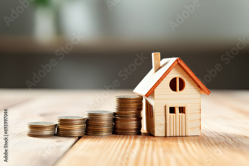 Home purchase and real estate investments. Stacks of coins with wooden house on the table