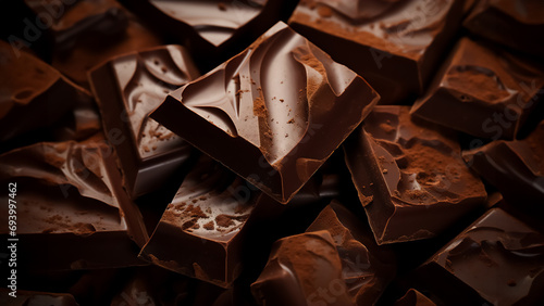Horizontal image of chocolate as a background, can be used for advertising or marketing of chocolate products, culinary magazines or blogs, any content related to chocolate or confectionery.