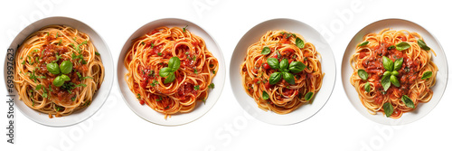 Set of pasta spaghetti on transparent background. Noodles with spicy sauce in plate isolated on white background. Classic italian cuisine dish. Generative AI