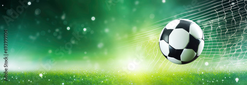 Football ball on grass and goal net background, panorama with space for your text