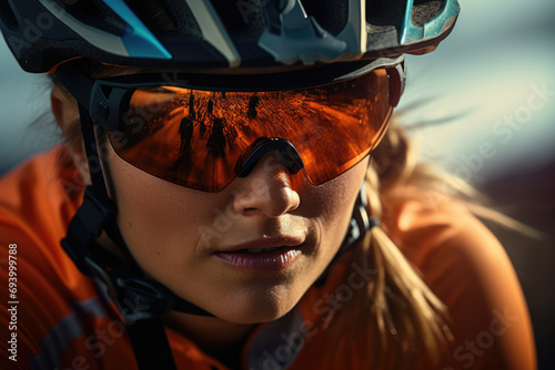 Close-up portrait of a female cyclist wearing a helmet and sunglasses