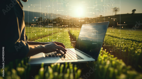 Person working on a laptop in an agricultural field at sunset, with a visual representation of data connectivity or innovation in farming technology overlayed on the image.