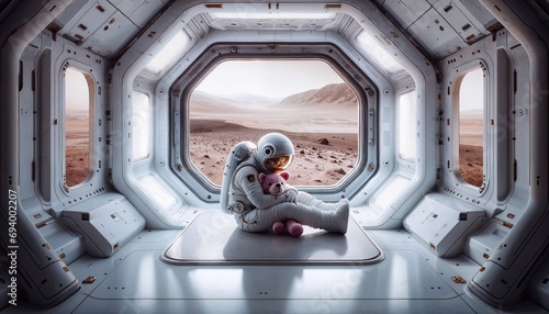 In a heartwarming setting, an astronaut embraces a soft toy while contemplating the martian vista