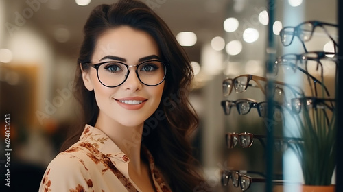Beautiful girl with glasses in a glasses store.