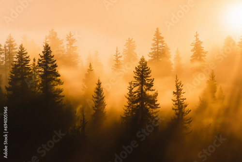 The forest is bathed in the soft, golden glow of sunrise. The trees stand tall, their silhouettes etched against the vibrant sky. The scene is serene.