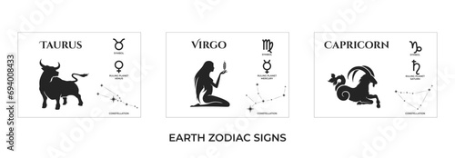 earth zodiac signs. taurus, virgo and capricorn. constellation and ruling planet symbol. astrology and horoscope symbol
