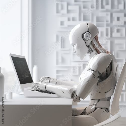 A humanoid robot works on a laptop, using ai, showcasing the utility of automation in repetitive and tedious tasks.