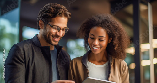 Personas felices y profesionales de negocios, un equipo diverso de diferentes antecedentes. Mujeres y hombres trabajadores que utilizan una tableta digital para encontrar nuevas soluciones laborales.