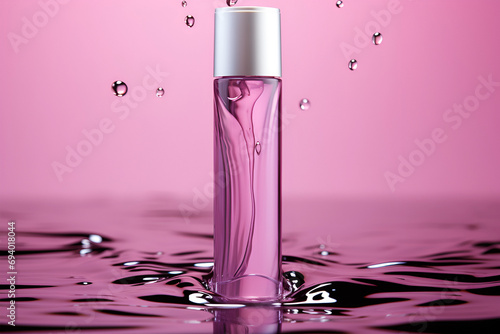 Beauty product tube in water with copy space background on pink background