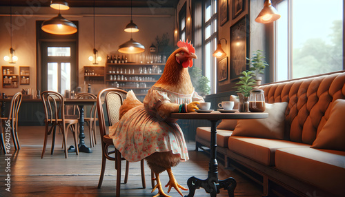 Hen with coffee in vintage cafe