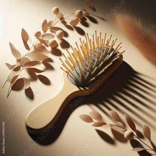 A wooden natural hairbrush with beige decorations isolated on a light background