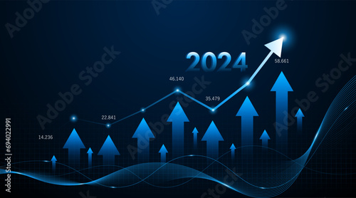 Arrow pointing upwards for future company growth in 2024. Stock market graph with rising candles. Ideas for growing a profitable business or investment