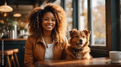 young African American woman smiling in a cafe with a dog