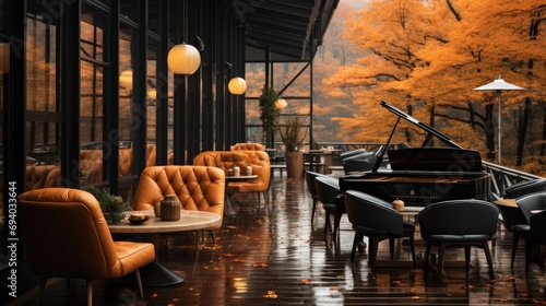 Modern cafe on a rainy autumn day. Generative AI.
