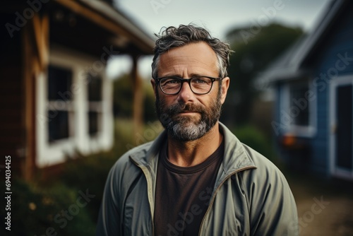 A rugged man with a distinguished beard and glasses gazes thoughtfully out the window of his house, his moustache bristling in the cool outdoor air as he contemplates the busy street below