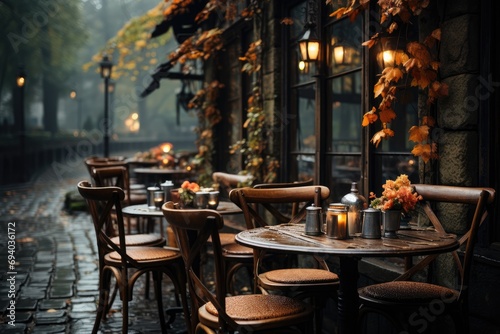 Under the autumn night sky, a charming outdoor dining experience awaits at the street-side cafe with a cozy coffee table and chairs