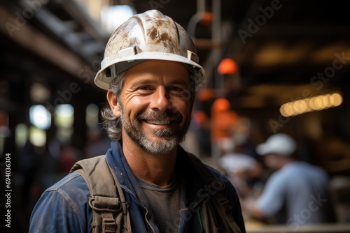 A cheerful man in a hard hat walks down the street, his human face adorned with a beard and cap, exuding confidence and fashion as he protects himself with a sturdy helmet while surrounded by towerin