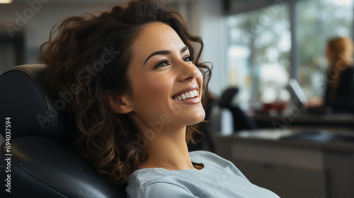 Woman in dentist's office sitting in chair and with happy smiling face. Visit to the dentist. Medical exam. Concept of dental health, care and prevention of cavities and teeth.