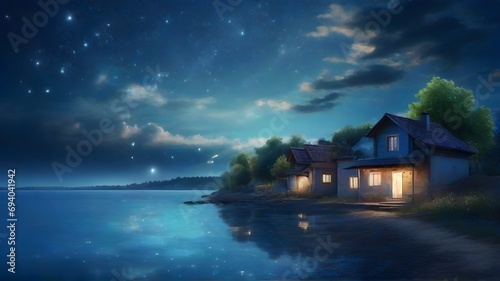 Old house on the shore of the lake at night. Digital painting.