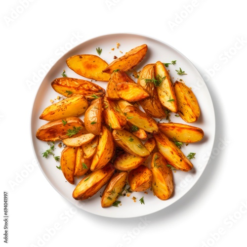 Plate of potato wedges on white background, top view.