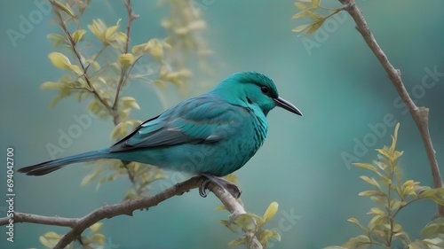 Turquoise bird sitting on a branch and looking at the camera