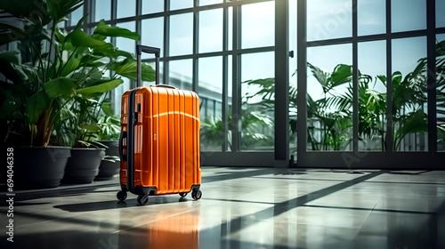 solitary orange suitcase on wheels standing in a bright airport terminal, with large windows, plants, and a clear sky outside