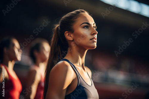 A female athlete is focused and concentrating on the race ahead