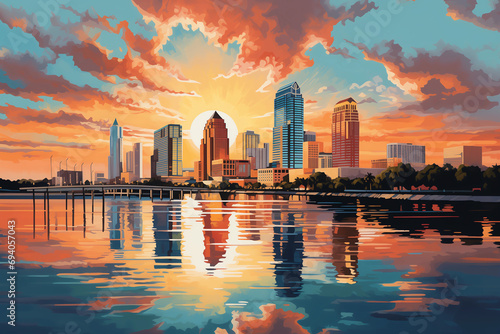 stylized skyline of Tampa with a vibrant sunset reflection on water
