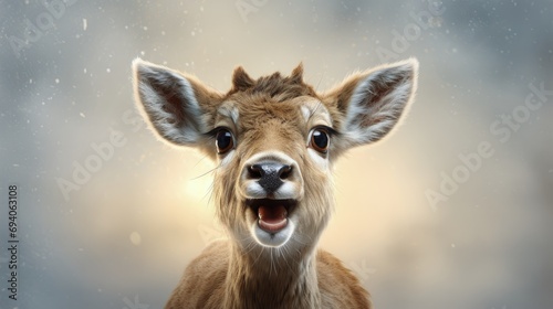 photorealistic fuzzy cute reindeer character study with a glowing red nose like rudolph on a white background