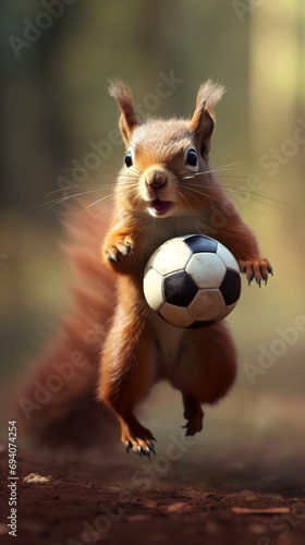 Funny little squirrel with a soccer ball. 