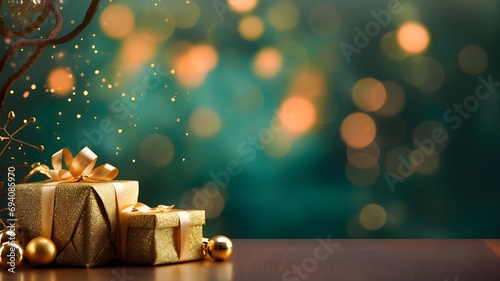 Elegantly arranged two gifts by the Christmas tree branches on the wooden tabletop, left. Bokeh effect in the background. Side view.Christmas banner with space for your own content.