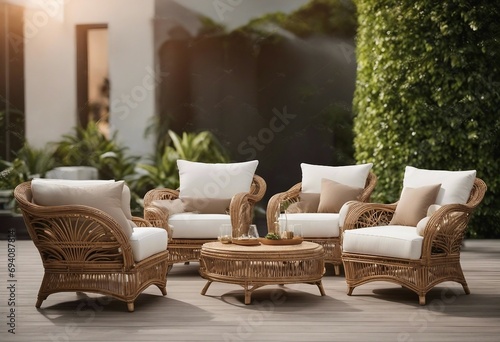 Collection Set of outdoor garden rattan straw couches armchairs cutouts single seat sofas