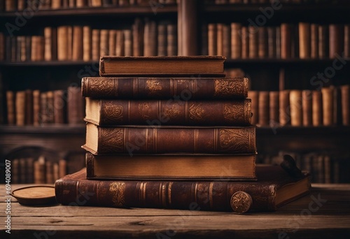 Wide banner of old vintage library stack of antique books on old wooden table in fantasy medieval room