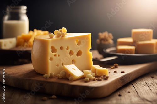 Cheese. Big piece of cheese on a wooden board. Selective focus. AI generated
