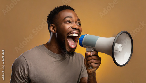Advertising. Man screaming announcement in megaphone portrait