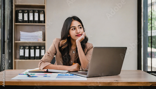 An Asian women are bored at work and feel lazy to deal with data on their laptops.