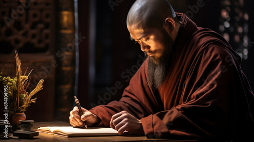 Monk Writing With A Quill Pen stock